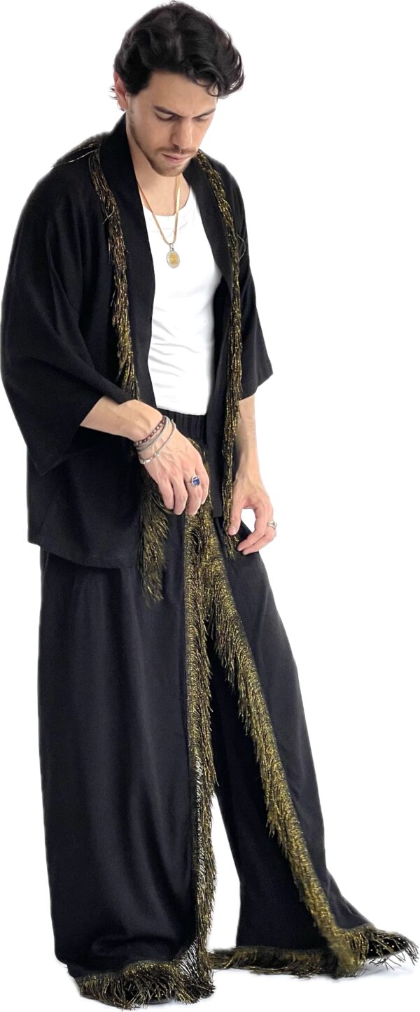 Conjunto negro, conjunto con flecos, kimono negro